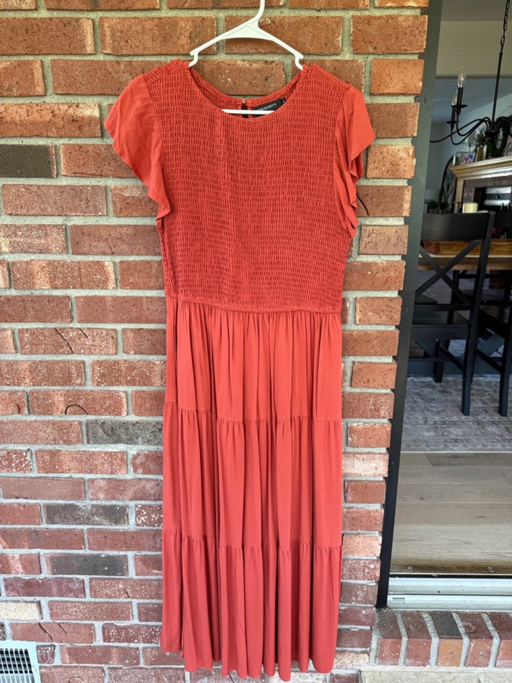 Smocked Bodice Flutter Sleeve Maxi Dress in Rust